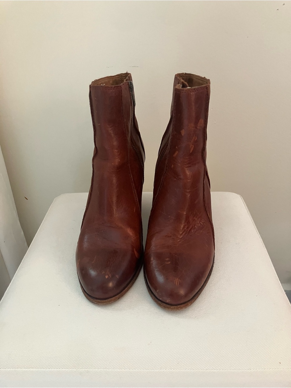 Frye Chestnut Leather Ankle Booties with Block Heel